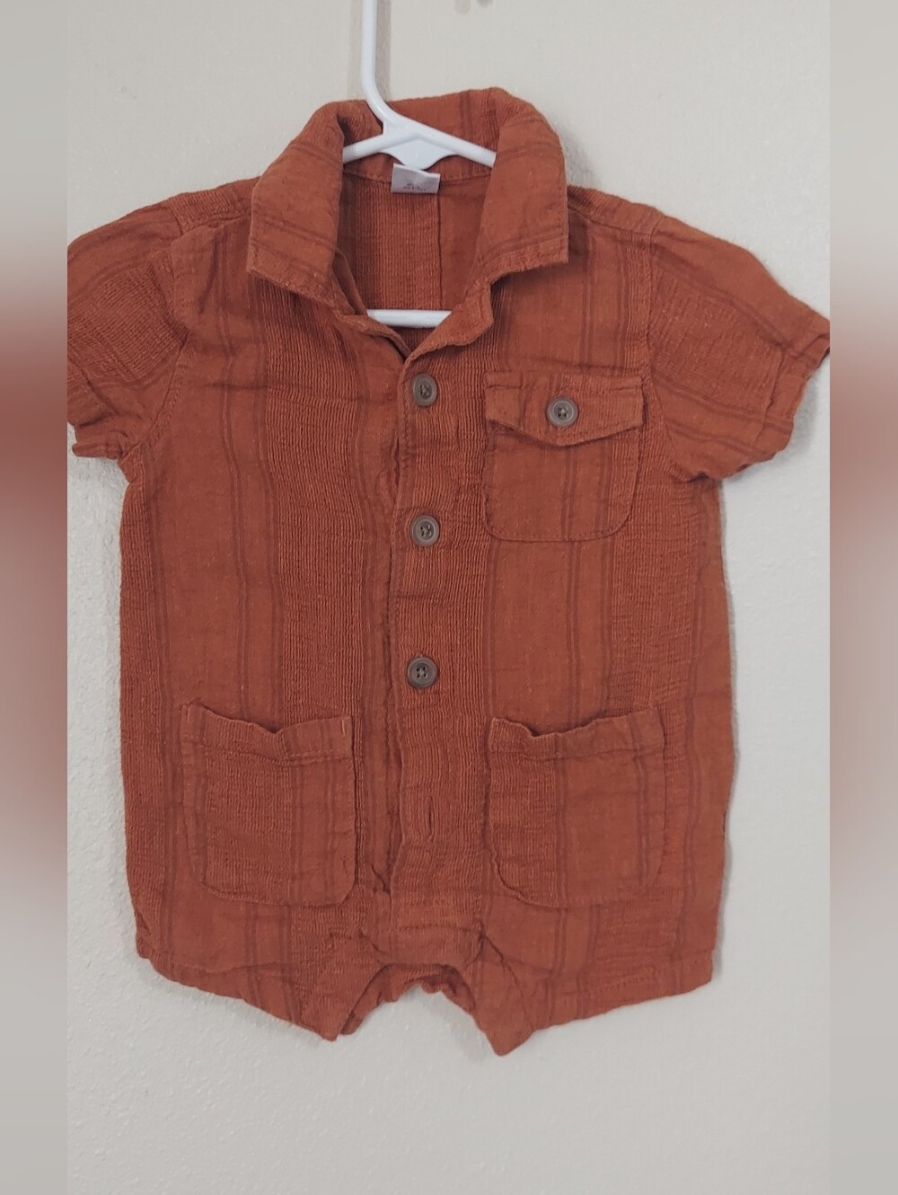 Toddler Short-Sleeve Button Romper in Rust